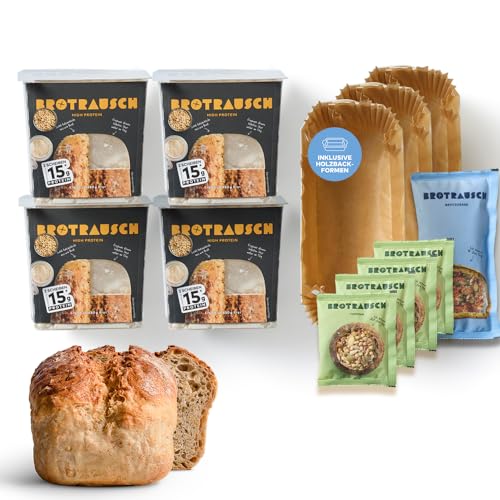 BROTRAUSCH Proteinpaket - 4 PREMIUM Brotbackmischungen inkl. Backform, Teigzugabe und Topping, Brotbackmischung aus natürlichen Zutaten, vegan, Proteinbrot, Einweißbrot, High Protein Brot, Superfood von Brotrausch
