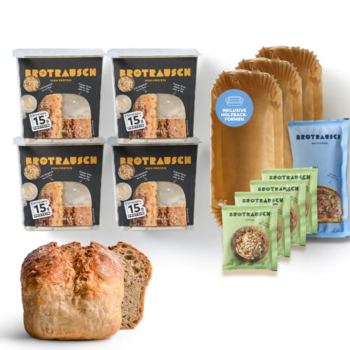 Brotrausch Eiweißbrot | 4x 400g Brotbackmischungen inkl. Backform, Teigzugabe und Topping, Brotbackmischung aus natürlichen Zutaten, vegan, Proteinbrot, Einweißbrot, High Protein Brot, Superfood von Brotrausch
