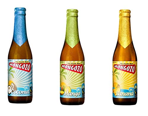 3 Flaschen Mongozo Banana, Mango, Coconut Exotic Beer 3,6% Vol.a 330ml inc. 0.24€ MEHRWEG Pfand Bier + Kokusnuss von Brouwerij Huyghe
