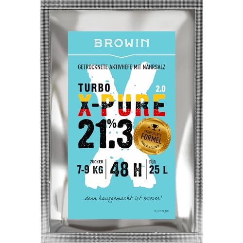 Browin Hefe Turbo X-Pure 403113 Destillation hochqualitative Gärhefe bis 21,3% Alkohol in 48 Stunden für 25 Liter und für 7-9 kg Zucker 135 g von Browin