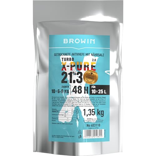 BROWIN® Hefe Turbo X-Pure 403118 | Destillation | hochqualitative Gärhefe bis 21,3% Alkohol in 48 Stunden | 1,35 kg (reicht für 10 Cuvées je 25 L) von Browin