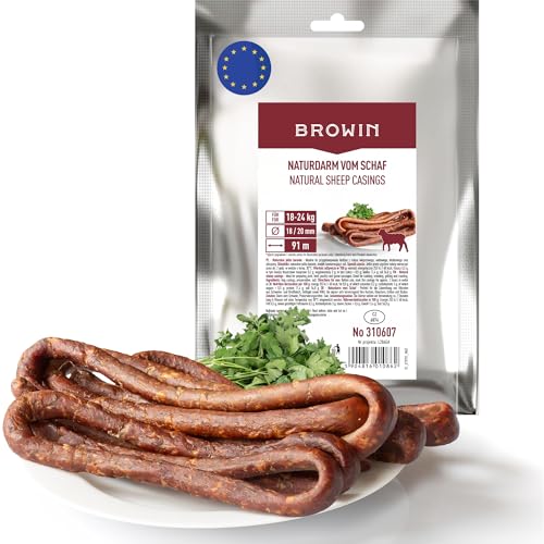 BROWIN® Naturdarm für Wurst | Premium Naturdarm für hausgemachte Würstchen, Wacholderwurst, Weißwurst, Bratwurst (Kaliber 18/20 mm, 91 Meter, Schafsdarm) von Browin