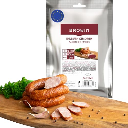 BROWIN® Naturdarm für Wurst | Premium Naturdarm für hausgemachte Würstchen, Wacholderwurst, Weißwurst, Bratwurst (Kaliber 28/30 m, 20 Meter, Schweinedarm) von Browin