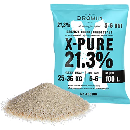 BROWIN® Hefe Turbo X-Pure 403106 | | Destillation | hochqualitative Gärhefe bis 21,3% Alkohol in 48 Stunden | für 100 Liter und für 36 kg Zucker | 360 g BROWIN® Hefe Turbo X-Pure 403106 | | Destillation | hochqualitative Gärhefe bis 21,3% Alkohol in 48 Stunden | für 100 Liter und für 36 kg Zucker | 360 g von Browin