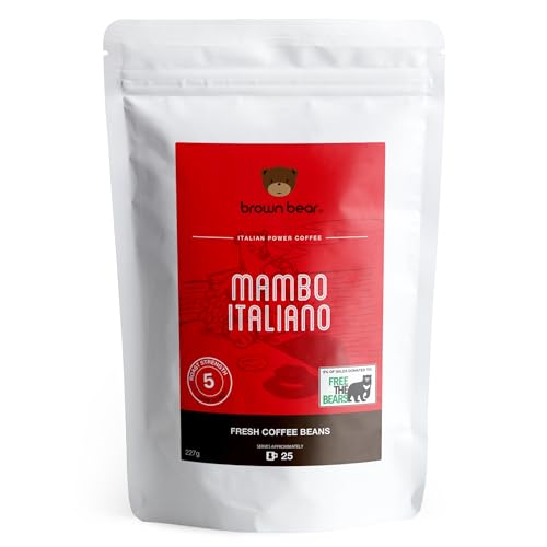 Brown Bear Mambo Italiano Kaffee - koffeinhaltiger Espresso, dunkle Röstung, ganze Bohnen - 100 % Arabicabohnen - ideal für Latte, Cappuccino, Espresso oder Crema - Stärke 5 - 227 g Packung von Brown Bear