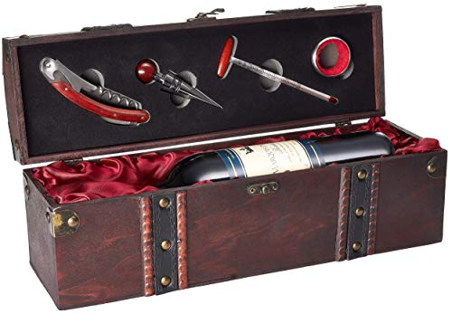 BRUBAKER Geschenkset Weinset mit 1 Flasche Rotwein Jahrgang 2008 Marquis de Lugon - in Holzkiste mit Sommelierset von BRUBAKER