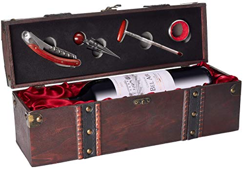 BRUBAKER Geschenkset Weinset mit 1 Flasche Rotwein Jahrgang 2015 Château Bel Air - in Holzkiste mit Sommelierset von BRUBAKER