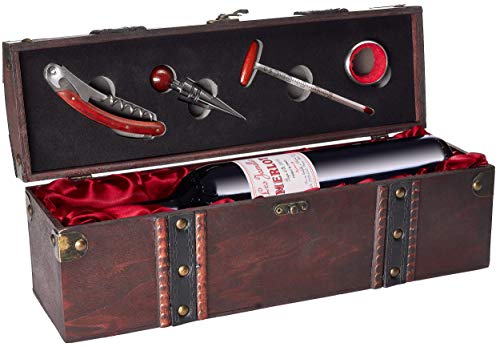 BRUBAKER Geschenkset Weinset mit 1 Flasche Rotwein Jahrgang 2019 Les Jamelles Merlot - in Holzkiste mit Sommelierset von BRUBAKER