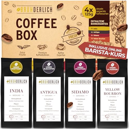 BRÜHDERLICH Kaffeebohnen Probierset ganze Bohnen - Premium Kaffee Geschenk - Geschmackliche Vielfalt - Kaffee Geschenkset - Barista Kaffeebohnen - Kaffee Probierset 4 x 125g von Brühderlich