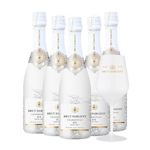 Brut Dargent Ice Chardonnay | 5 Flaschen + 1 limitiertes Glas gratis | Erfrischender Schaumwein | Ideal für besondere Anlässe | 750ml pro Flasche | Exklusives Genusserlebnis von Brut Dargent