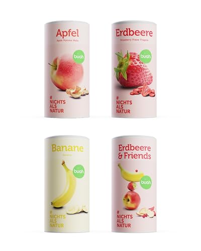 BUAH® Lunchbox Set - Gefriergetrocknete Erdbeere, Apfel, Banane, Erdbeere & Friends | Fruchtchips Als Snack Oder Für Smoothies | Idealer Süßigkeiten Ersatz | Vegan & ohne Zuckerzusatz von Buah