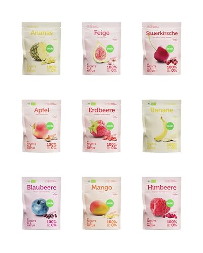 BUAH® Gefriergetrocknete Früchte Probierset | Perfekter Snack aus Fruchtchips | Süßigkeiten Alternative ohne Zuckerzusatz, Toppings für Porridge | Vegan Glutenfrei | 9er Pack Fruchtmix von Buah