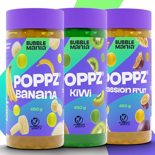 POPPZ Popping Boba Fruchtperlen für Bubble Tea Mix | Banane, Maracuja, Kiwi – Bubble Tea Perlen Packung mit 3 fruchtigen Sorten Tapioka Perlen von Bubble Mania - je 450 G von BubbleMania