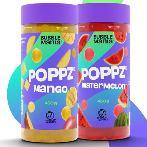 POPPZ Bubble Tea Perlen für Bubble Tea | Popping Boba & Fruchtsirup | Fuchtige Tapioka Perlen and Boba Perlen von Bubble Mania | Fertig für den Verzehr - 450g (450 g (2er Pack), Mango, Wassermelon von BubbleMania