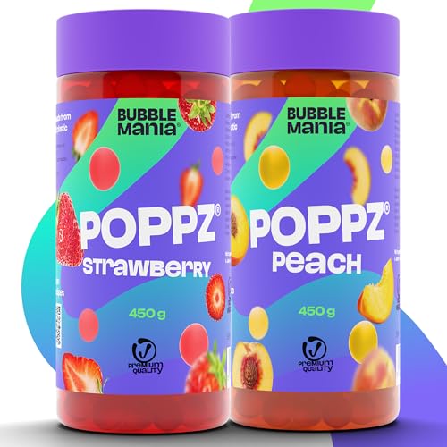 POPPZ Bubble Tea Perlen für Bubble Tea | Popping Boba Fruchtperlen | Fuchtige Tapioka Perlen and Boba Perlen von Bubble Mania | Fertig für den Verzehr (Erdbeere, Pfirsich, Pack of 2) von BubbleMania