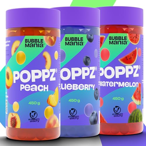 POPPZ Popping Boba Fruchtperlen für Bubble Tea Mix | Blaubeere, Pfirsich, Wassermelone – Bubble Tea Perlen Packung mit 3 fruchtigen Sorten Tapioka Perlen von Bubble Mania - je 450 G von BubbleMania