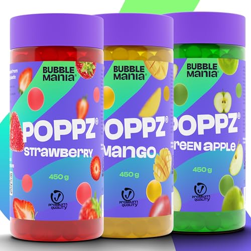 POPPZ Popping Boba Fruchtperlen für Bubble Tea Mix | Erdbeere, Mango, Grüner Apfel – Packung mit 3 fruchtigen Sorten Tapioka Perlen von Bubble Mania - je 450 G von BubbleMania