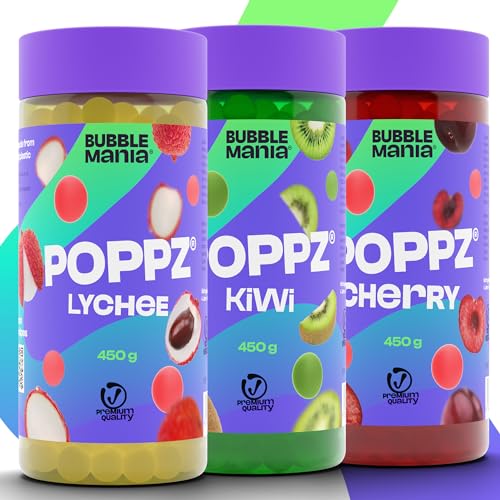 POPPZ Popping Boba Fruchtperlen für Bubble Tea Mix | Litschi, Kiwi, Kirsche – Bubble Tea Perlen Packung mit 3 fruchtigen Sorten Tapioka Perlen von Bubble Mania - je 450 G von BubbleMania
