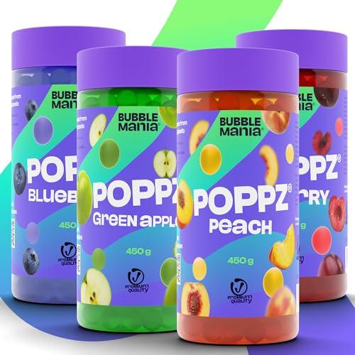 BubbleMania POPPZ® Bubble Tea Perlen | 4er Pack Fruchtperlen – Kirsche, Grüner Apfel, Pfirsich, Blaubeere | Vegane Boba Tapioka Perlen für Getränke & Desserts von BubbleMania