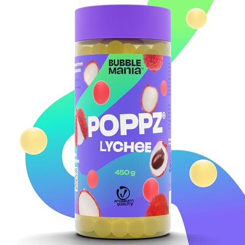 POPPZ Bubble Tea Perlen für Bubble Tea | Litschi Popping Boba Fruchtperlen | Fuchtige Tapioka Perlen and Boba Perlen von Bubble Mania | Fertig für den Verzehr - 450g von BubbleMania