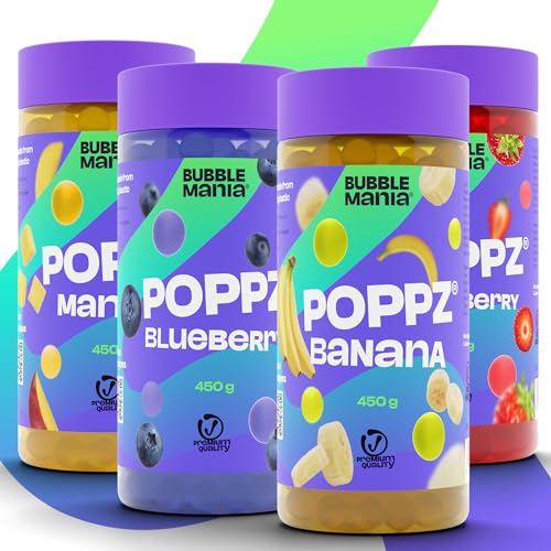 BubbleMania POPPZ® Bubble Tea Perlen | 4er Pack Fruchtperlen – Erdbeere, Mango, Blaubeere, Banane | Vegane Boba Tapioka Perlen für Getränke & Desserts von BubbleMania