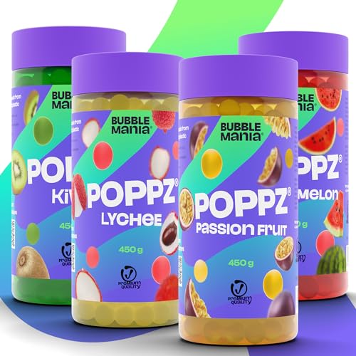 Popping Boba Fruchtperlen für Bubble Tea Mix | Wassermelone, Litschi, Kiwi, Maracuja – Bubble Tea Perlen Packung mit 4 fruchtigen Sorten Tapioka Perlen von Bubble Mania - je 450 G von BubbleMania