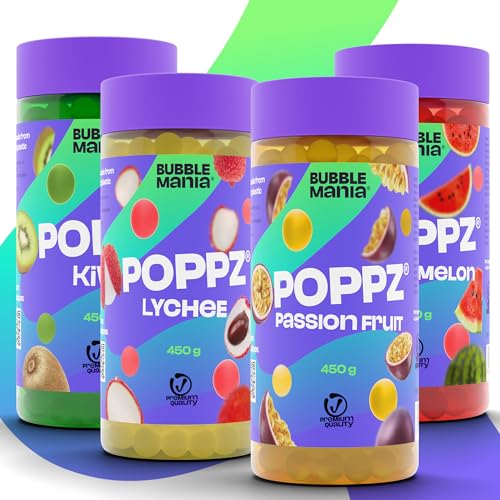 BubbleMania POPPZ® Bubble Tea Perlen | 4er-Pack Fruchtperlen – Wassermelone, Litschi, Kiwi, Maracuja | Vegane Boba Tapioka Perlen für Getränke & Desserts von BubbleMania