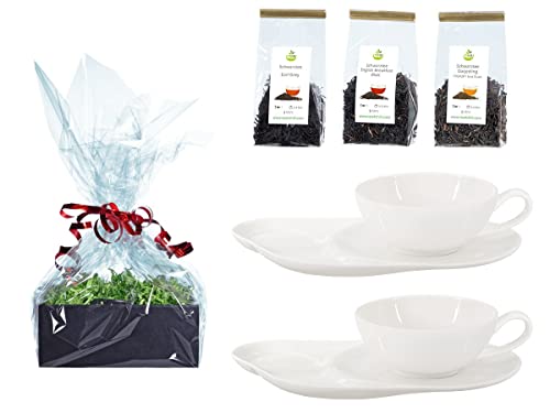 Buchensee Tee Geschenk Set, 2 Teetassen Lena + Untertasse mit Ablageflächen aus Crystal Bone China Porzellan, je 200ml in fein-cremigem Weiß + Schwarztee + Geschenkverpackung von Buchensee