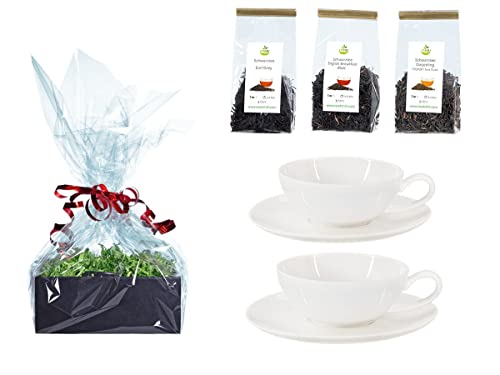 Buchensee Tee Geschenk Set, 2 Teetassen Lena aus Crystal Bone China Porzellan, je 200ml in fein-cremigem Weiß + Schwarztee + Geschenkverpackung von Buchensee
