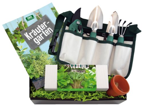 Bull & Bear Geschenkset Kräuterkiste Geschenkbox mit Garten-Gürteltasche, 3 Pflanztöpfchen zum Anzüchten sowie Handbuch 'Kräutergarten von Bull & Bear