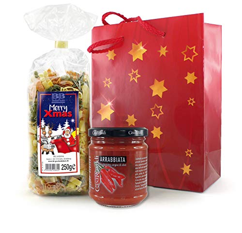 Bull & Bear Pasta bunte Weihnachts-Nudeln Pasta Nikolaus, Tannenbaum, Stern 250g, Motivnudeln handgefertigt, im Set mit Sugo all' Arrabiata, Geschenk von Bull & Bear