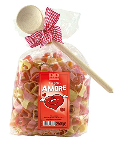 Bull & Bear bunte Herz Nudeln, 250g, Motivnudeln aus Hartweizengrieß, handgefertigt in deutscher Manufaktur, Pasta Geschenk, inkl. Holzlöffel von Bull & Bear