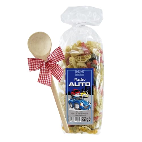 Bull & Bear bunte Auto Nudeln 250g, Motivnudeln aus Hartweizengrieß, handgefertigt in deutscher Manufaktur, Pasta Geschenk, inkl. Holzlöffel von Bull & Bear