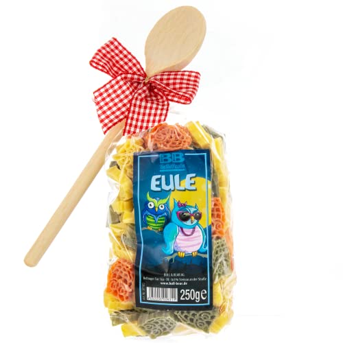 Bull & Bear bunte Eulen Nudeln, 250g, Motivnudeln aus Hartweizengrieß, handgefertigt in deutscher Manufaktur, Pasta Geschenk, inkl. Holzlöffel von Bull & Bear