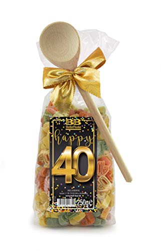Bull & Bear Pasta Präsent bunte Geburtstags-Nudeln “Happy 40” 250 g, Motivnudeln handgefertigt, mit Kochlöffel, Geschenk von Bull & Bear