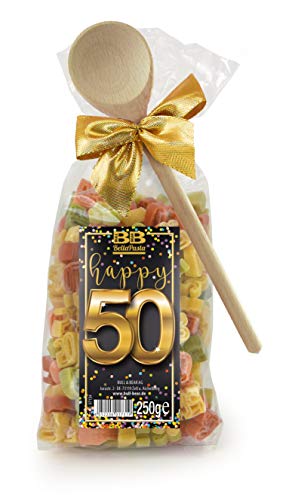 Bull & Bear Pasta Präsent bunte Geburtstags-Nudeln “Happy 50” 250 g, Motivnudeln handgefertigt, mit Kochlöffel, Geschenk von Bull & Bear