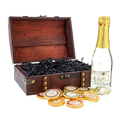 Bull & Bear Geschenk Mini-Truhe Gold-Schätzchen, Truhe mit 0,2l Sekt mit echtem Blattgold 22 Karat und 12 hochwertigen Golddublonen aus Schokolade als Geschenk von Bull & Bear