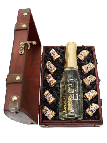 Bull & Bear Mini Schatztruhe Ostern, Truhe mit 0,2l Sekt mit echtem Blattgold 22 Karat und 10 hochwertigen Gold Osterhasen Schokolade, Geschenkset Ostern, Ostergeschenk von Bull & Bear