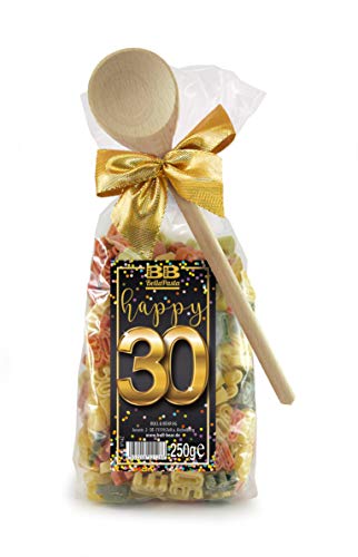Bull & Bear Pasta Präsent Happy 30 bunte Zahl-Nudeln 250g, Motivnudeln handgefertigt, witziges Geschenk zum Geburtstag von Bull & Bear