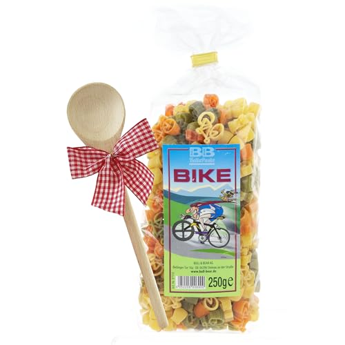 Bull & Bear bunte Fahrrad Nudeln 250g, Motivnudeln aus Hartweizengrieß, handgefertigt in deutscher Manufaktur, Pasta Geschenk, inkl. Holzlöffel von Bull & Bear