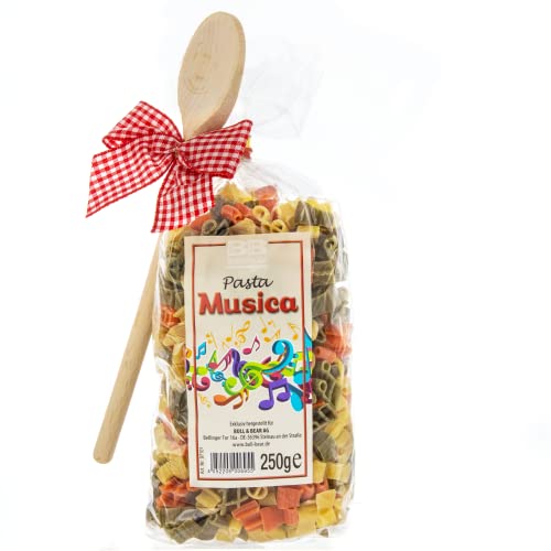 Bull & Bear bunte Musik Nudeln 250g, Motivnudeln aus Hartweizengrieß, handgefertigt in deutscher Manufaktur, Pasta Geschenk, inkl. Holzlöffel von Bull & Bear