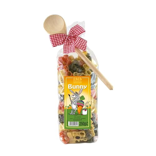 Bull & Bear bunte Osterhasen Nudeln, 250g, Motivnudeln aus Hartweizengrieß, handgefertigt in deutscher Manufaktur, Pasta Geschenk zu Ostern, inkl. Holzlöffel von Bull & Bear