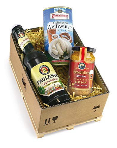Bull & Bear Geschenkbox Mini Palette 'Bayrische Brotzeit' mit 0,33l Weißbier, Weißwürstchen und 200ml Senf, Partygeschenk, Geschenkset für Erwachsene von Bull & Bear