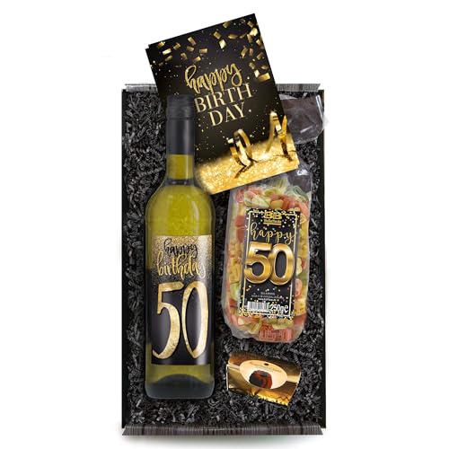Bull & Bear Geschenkbox "Happy Birthday 50", Set mit Weisswein, Nudeln und Geburtstagskarte, Geschenk zum 50. Geburtstag von Bull & Bear