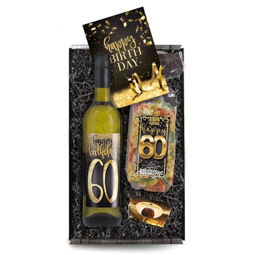 Bull & Bear Geschenkbox "Happy Birthday 60", Set mit Weisswein, Nudeln und Geburtstagskarte, Geschenk zum 60. Geburtstag von Bull & Bear