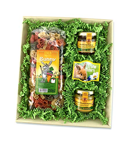 Bull & Bear Geschenkkorb mit Osterhasen Motivnudeln 250g, zwei Gläsern Honig und Frohe Ostern Blumensamen, Geschenk zu Ostern von Bull & Bear