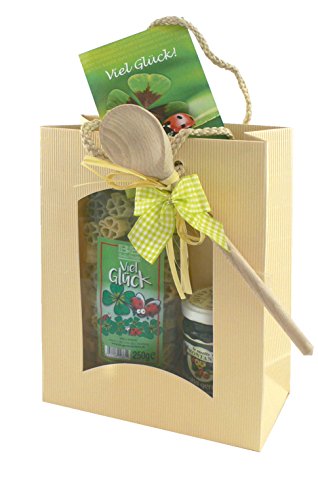 Geschenkset bunte Glückskleenudeln Pasta Glück (250 g) mit Pesto Genovese, Kochlöffel, Glückskleezwiebeln in Geschenktüte von Bull & Bear