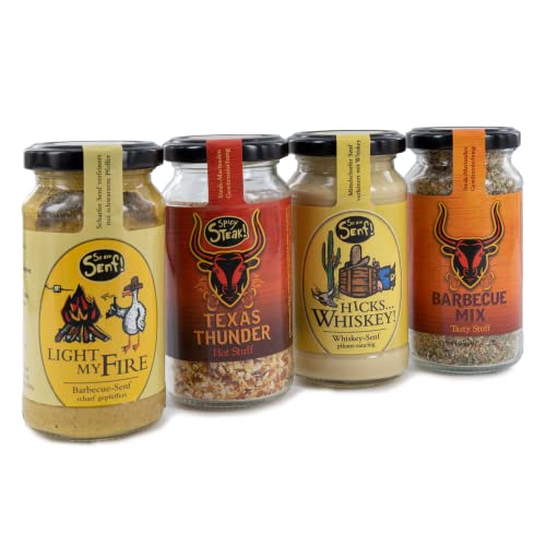 Bull & Bear Grill Geschenk 4er Set Wild West, Grillsaucen 1x Whisky-Senf HICKS 200ml, 1x Barbecue-Senf LIGHT MY FIRE 200ml und Grillgewürz 1x 90g Barbecue Mix, 1x Texas Thunder von Bull & Bear