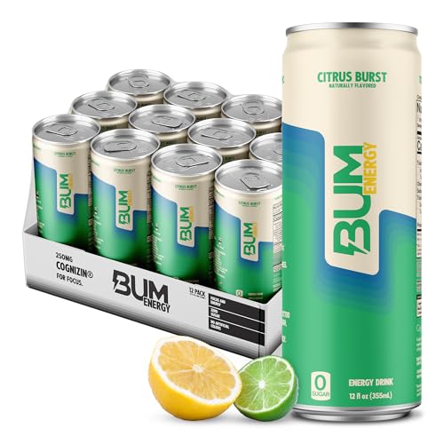 RAW Bum zuckerfreier Energy-Drink – leicht kohlensäurehaltig & ohne künstliche Farbstoffe, natürliches Koffein & Citicolin für Energie & Fokus, Gehirn-Boost & Workout Sportgetränk – 340 ml, 12 Stück von Bum Energy