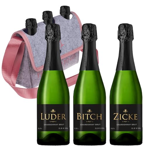 Bumsinger Chardonnay Brut im 3er Set als Zicke, Luder und Bitch mit praktischer Handtasche "Prosecco to go" aus Filz. Bumsinger Chardonnay Brut im 3er Set als Zicke, Luder und Bitch mit praktischer Handtasche "Prosecco to go" aus Filz. von Bumsinger